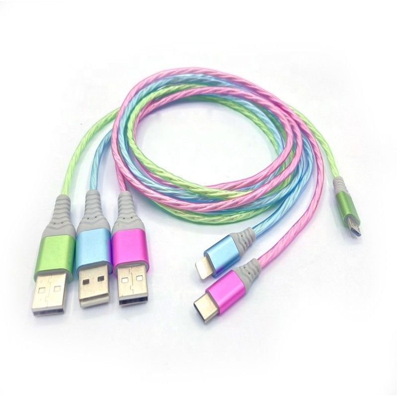 كابل شحن سريع 3 في 1 نوع C 3A LED ملون شحن كابل USB كابل وميض البرق